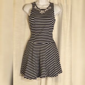 White and Navy Striped Dress with Sewn In Necklace
